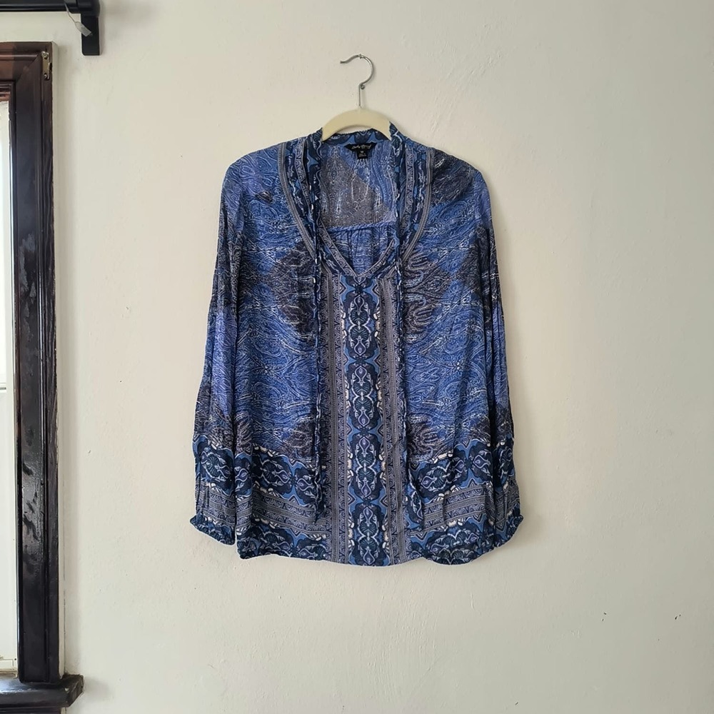 Lucky Brand Womens V-Neck Tie Long Sleeve Printed Peasant Boho Blue Top Size M - Picture 1 of 5